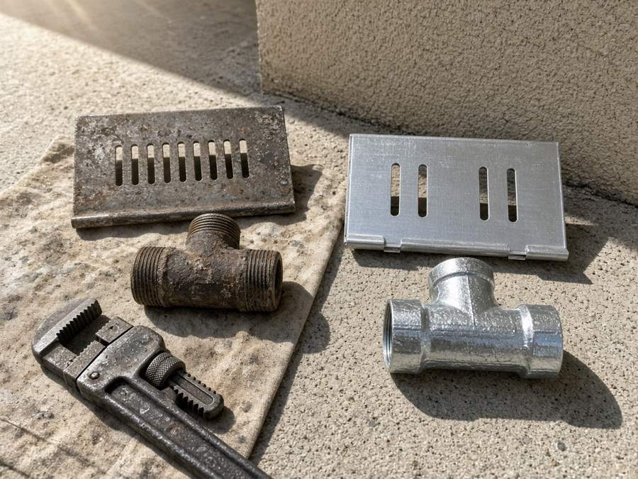 Worn baffle and tee fitting beside their replacements — grease trap cleaning in Fullerton, CA