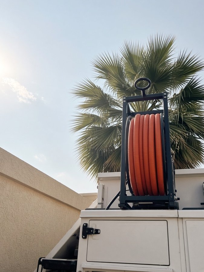 Tall hose reel mounted on the service truck — grease trap cleaning in Fullerton, CA